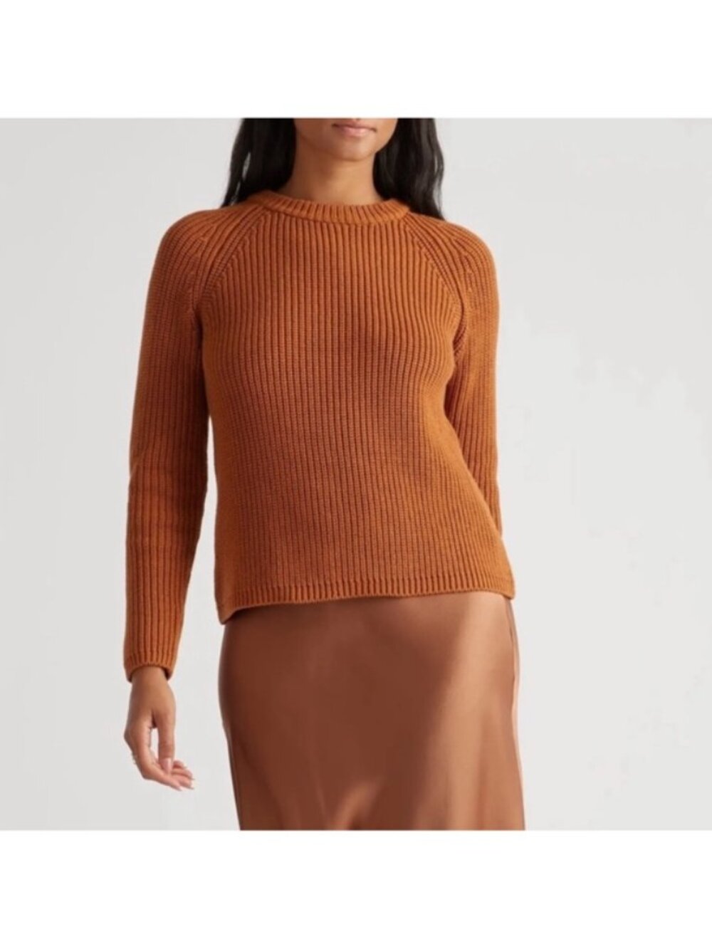 Quince 100% Organic Cotton Fisherman Crew Neck Sweater S Rust Brown Ribbed Knit